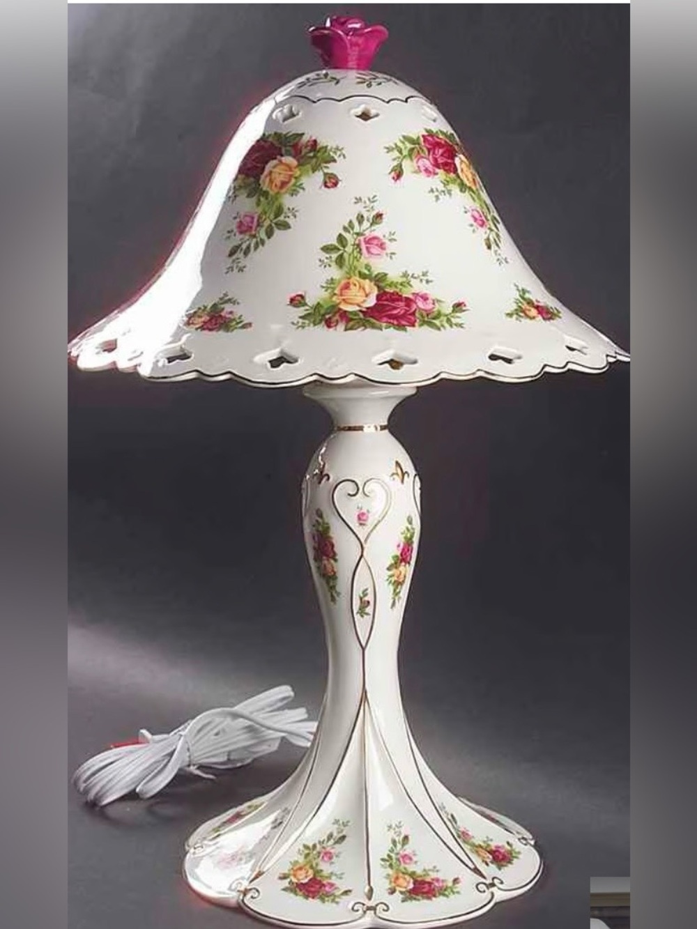 Royal Albert White Porcelain Lamp with Pink and Yellow Rose Motif